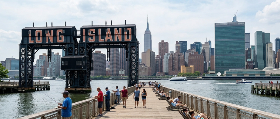 Long Island gantry sign overlooking Manhattan skyline from a pier.
