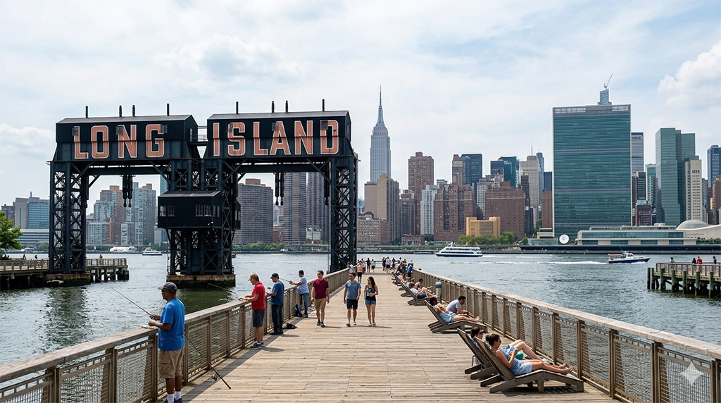 Long Island gantry sign overlooking Manhattan skyline from a pier.
