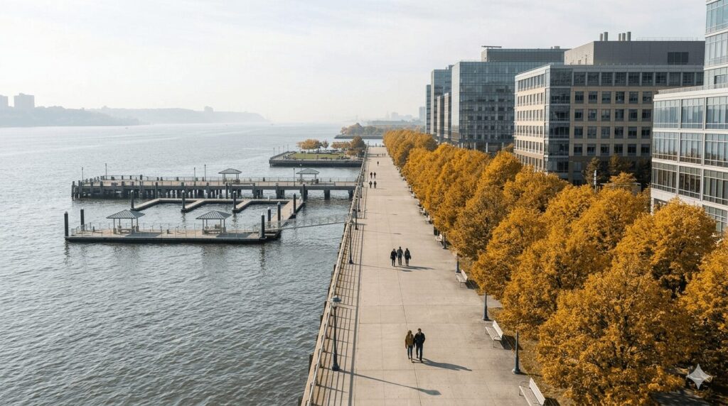 Waterfront walkway lined with golden autumn trees and modern buildings.