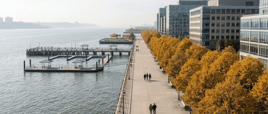 Waterfront walkway lined with golden autumn trees and modern buildings.