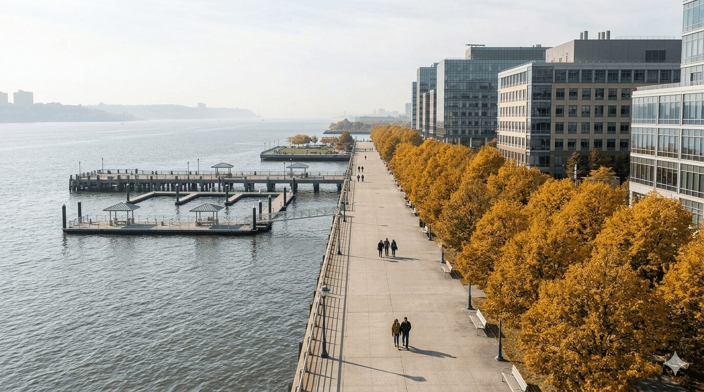 Waterfront walkway lined with golden autumn trees and modern buildings.