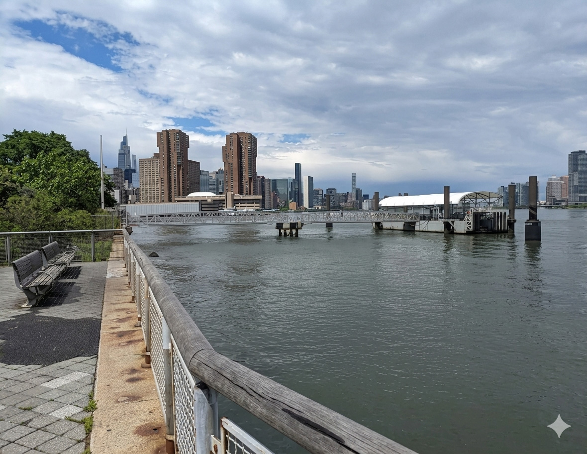Waterfront walkway and ferry terminal with NYC skyline backdrop.