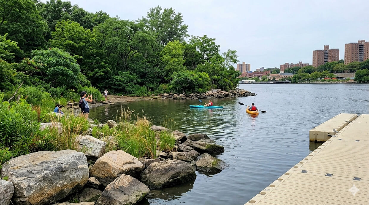 People kayaking on a river near a green city park.