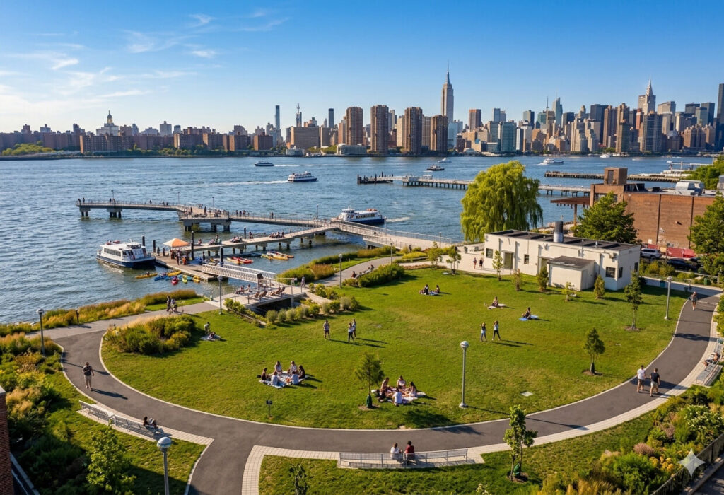 Gantry Plaza State Park with Manhattan skyline in background.