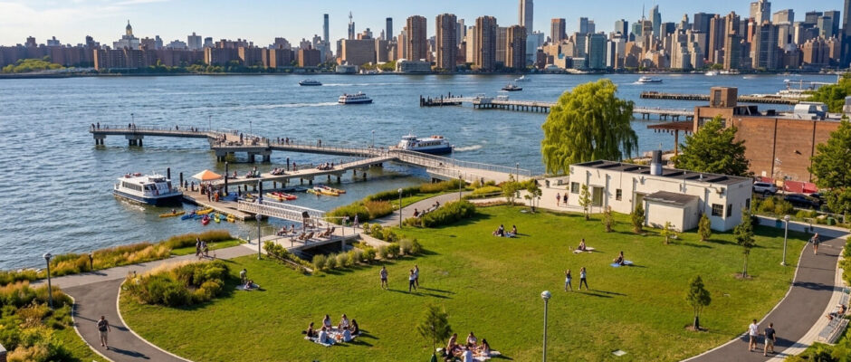 Gantry Plaza State Park with Manhattan skyline in background.